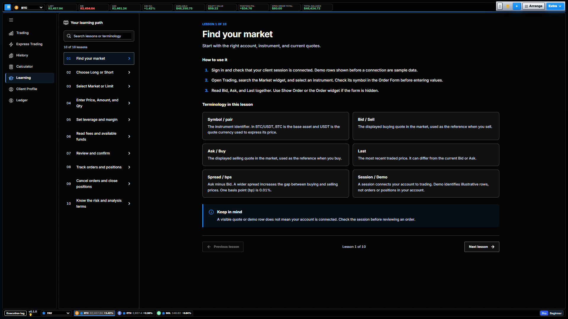 TradingDesktop learning centre displaying the Find your market lesson and a ten-lesson navigation menu.