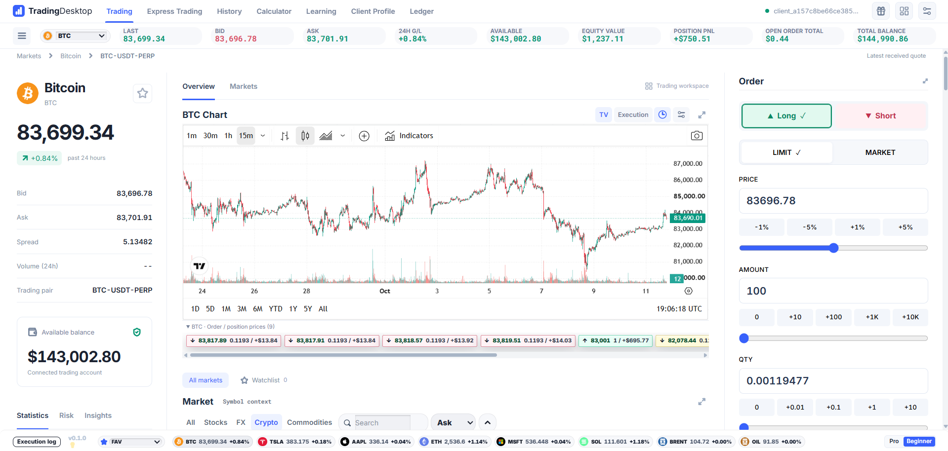 TradingDesktop Beginner version with a white interface, Bitcoin market overview, candlestick chart and volume, market list and order entry panel.