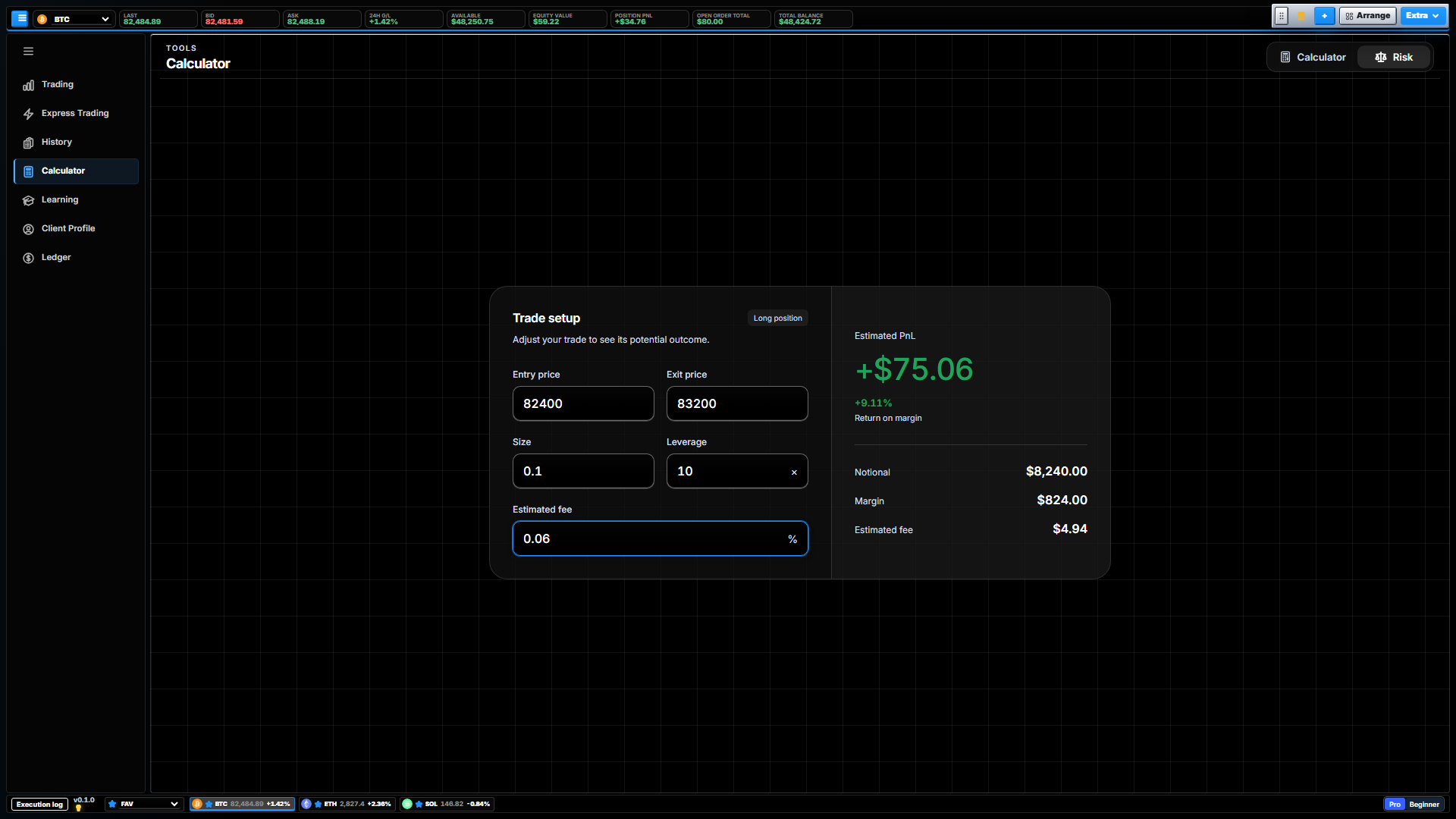 TradingDesktop risk calculator showing trade inputs and illustrative profit, margin and fee estimates.